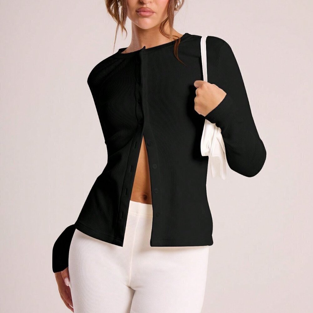 Black Casual Women's Ribbed Button down Long Sleeve Crew Neck Top